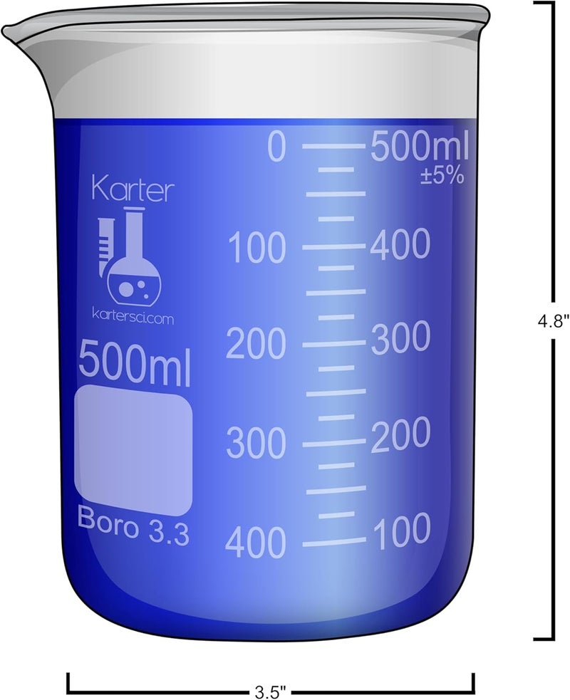 Karter Scientific 500ml Low Form Griffin Beaker Set - Borosilicate 3.3 Glass, Double Scale, Graduated (Pack of 6) - Image 3